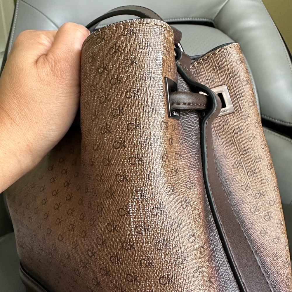 Calvin Klein Coated Canvas w/Leather Bucket CrossbodyBag, Brown/Tan Color - Picture 8 of 13